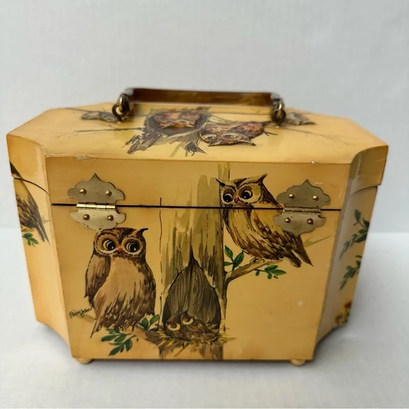 Wood Box 3D Decoupage Purse Octagon Brass Clasp Owls Vintage 60s/70s - Picture 4 of 16